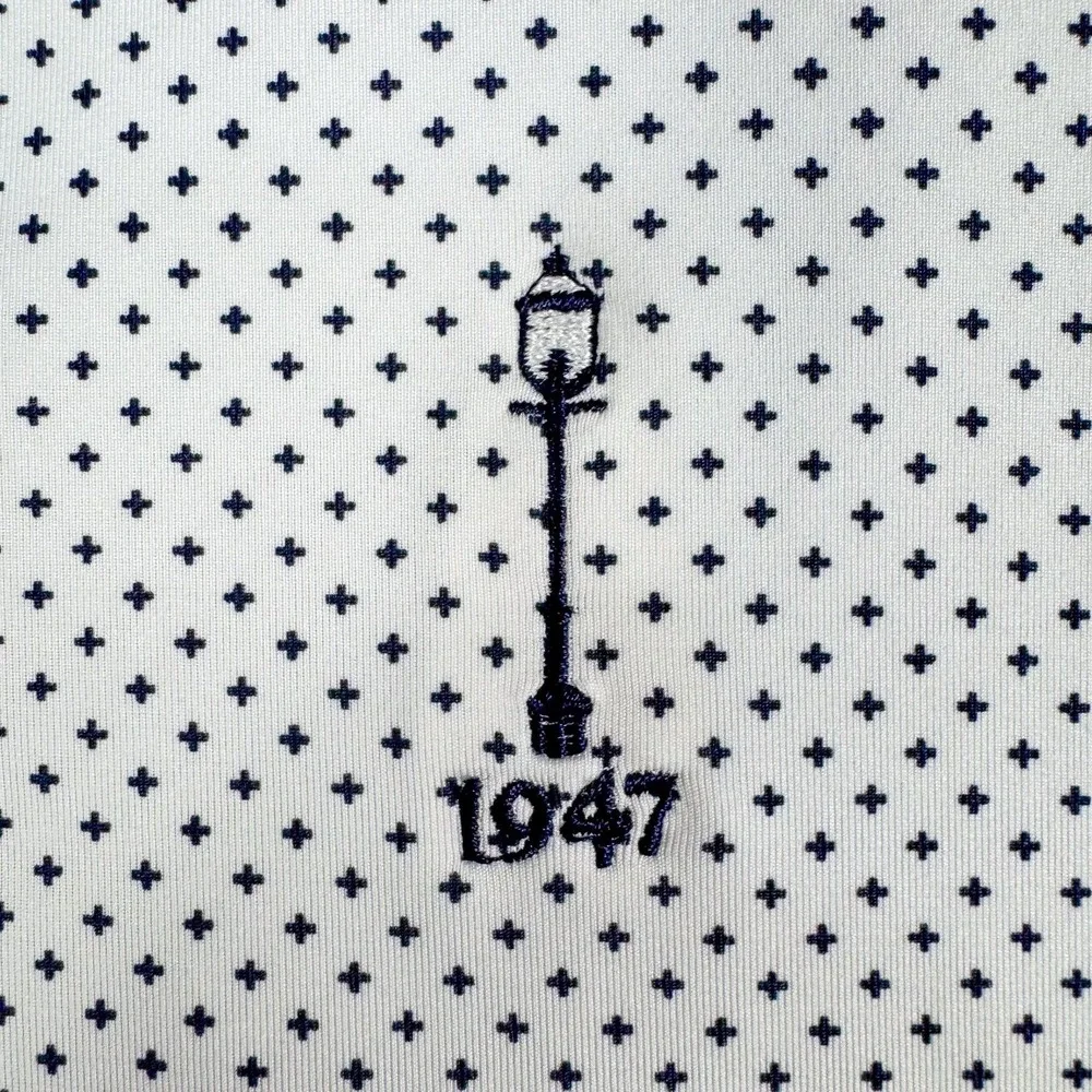 FootJoy Polo Shirt Mens Large White Micro Print‎ 1947 Lamp Post Golf Stretch Top